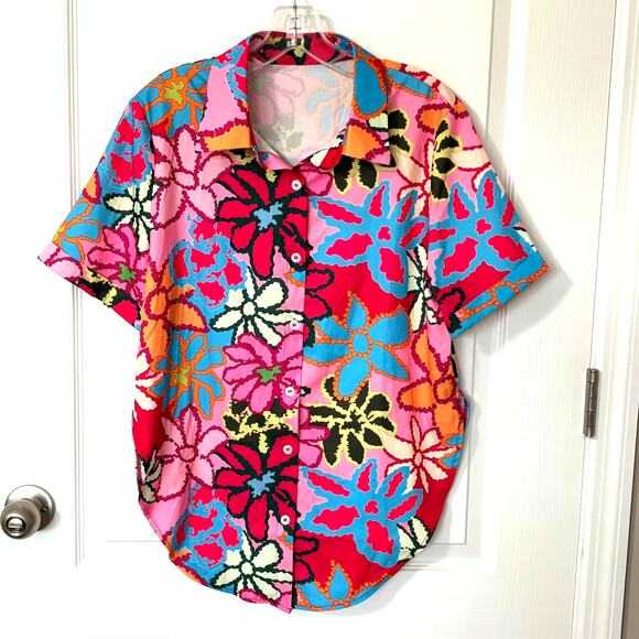 Wms L Vibrant Colorful Floral SS Button Up Tunic Shirt Dopamine Dressing - Picture 9 of 9